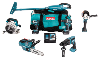 Combokit Makita DLX7017GX1 (DCL180Z,DDF484Z,DGA506Z,DHR182Z,DHS660Z,DTD154Z,DUC254Z) + 2x 18V 6.0Ah akut ja akulaadija